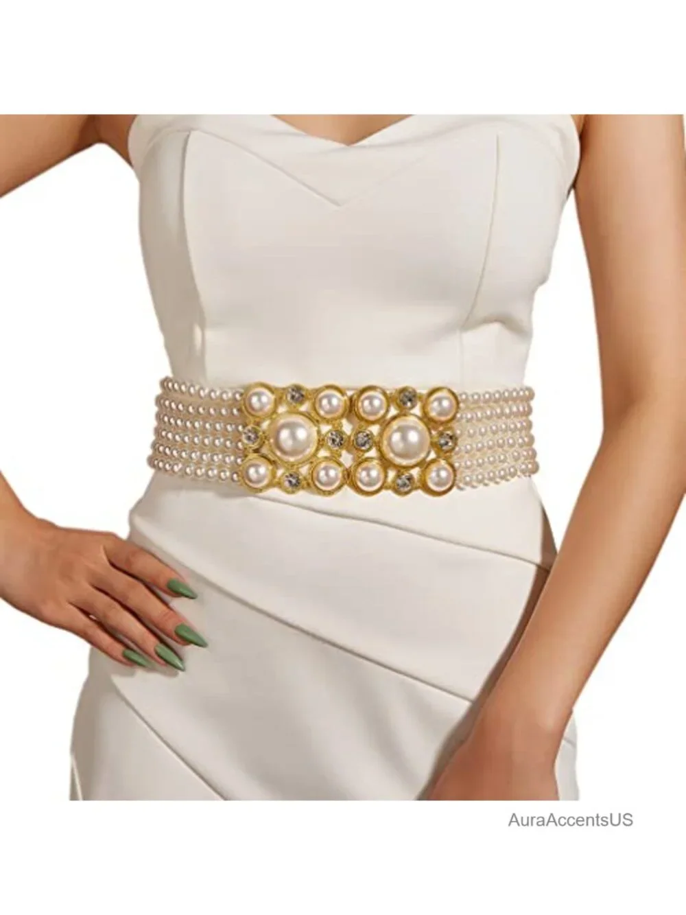 Wide Pearl Belt Women Wedding Stretchy Sash Rhinestone Corset Waist Chain